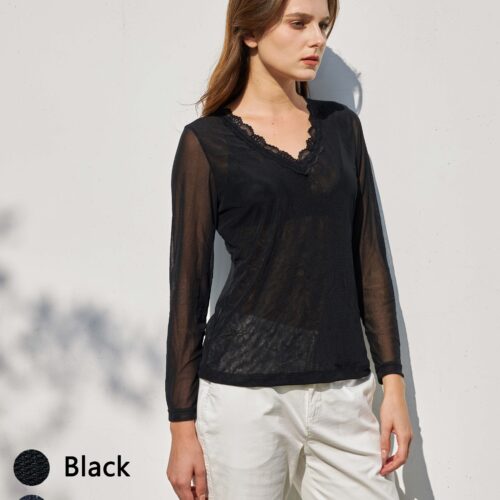 Camiseta Transparente Semi Encaje Escote Pico