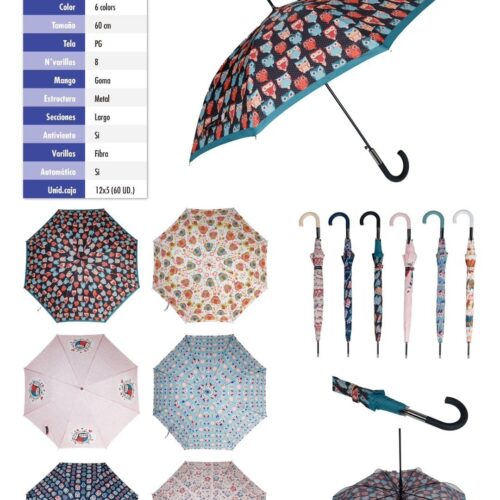 Paraguas Largo Estampado Búhos