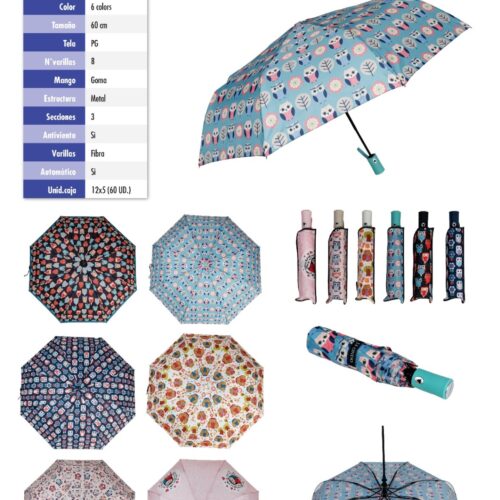 Paraguas Plegable Estampado Búhos