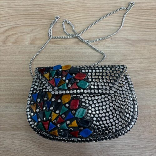 Bolso Rígido Redondo Con Piedras Plata