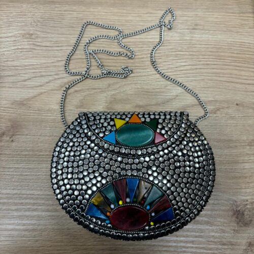 Bolso Rígido Redondo Con Piedras Plata