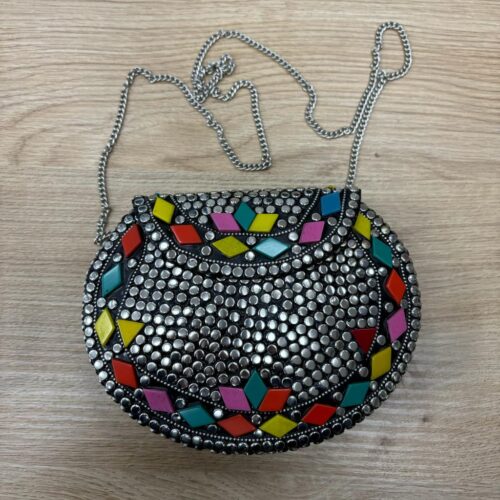 Bolso Rígido Redondo Con Piedras Plata