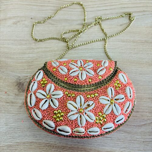 Bolso Rígido Bolitas Salmón Flores Conchas Detalles Dorados