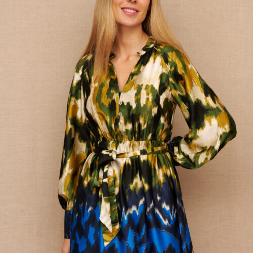 ¡LIQUIDACIÓN! Vestido Corto Estampado Estilo Camisero Ceñido Cintura Dos Tonalidades