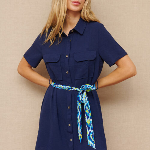 Vestido Corto Camisero Asimétrico Azul Oscuro Cinto Pañuelo
