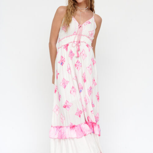 Vestido Largo Estampado Detalle Bordado Tirante Fino