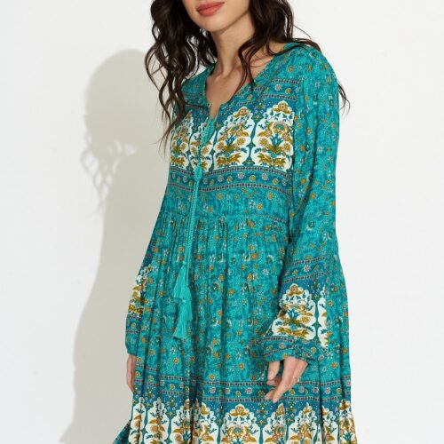 Vestido Corto Turquesa Estampado Étnico