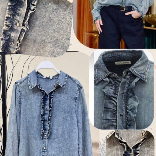 Blusa Vaquera Abotonada Manga Larga Detalle Escote Volante