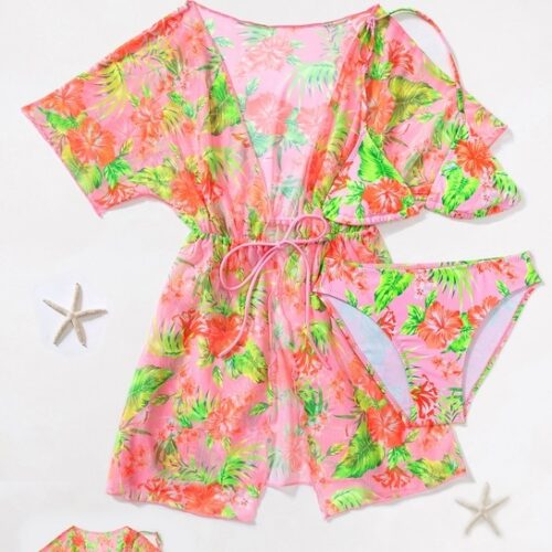Bikini Infantil con Kimono de Flores a Juego 8-16 Años