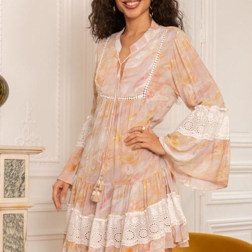 Vestido Corto Boho Beige Manga Campana