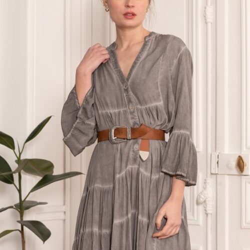 Vestido Corto Gris Mangas Acampanadas