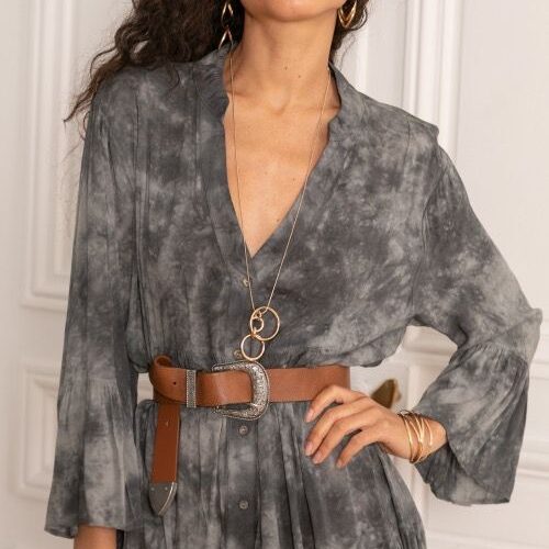 Vestido Corto Gris Tie Dye Mangas Acampanadas