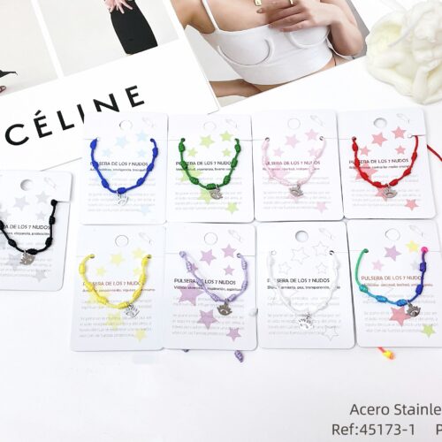 Pulsera Cuerda 7 Nudos Charm Ojo Turco Plata