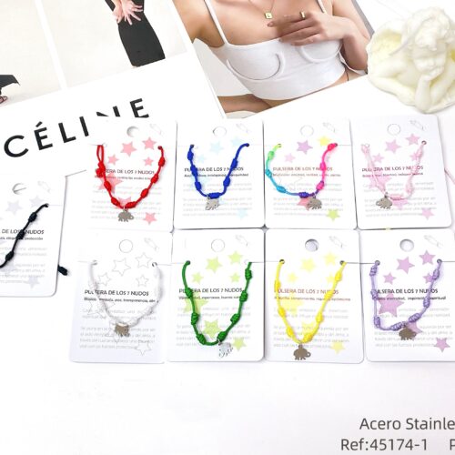 Pulsera Cuerda 7 Nudos Charm Elefante Plata