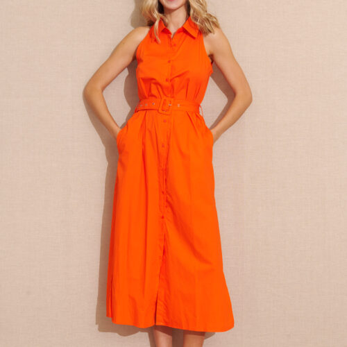 Vestido Largo Camisero Naranja Cinturón Bolsillos Aberturas Laterales