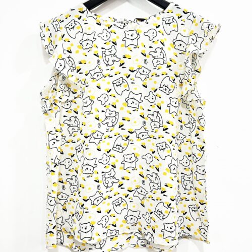 Blusa Blanca  Volantes Mangas Ositos con Flores Amarillas Escote Redondo