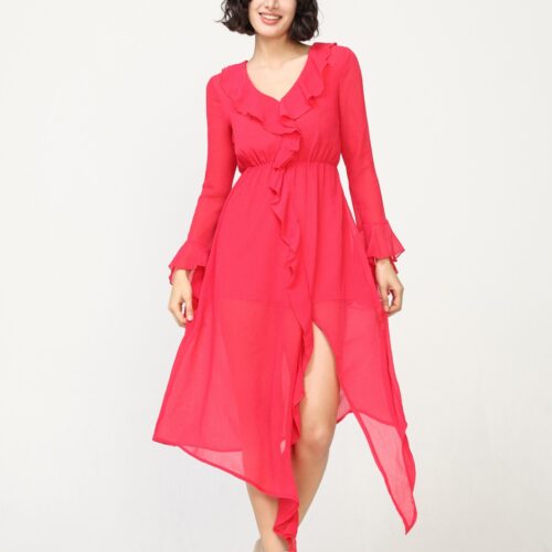 Vestido Fucsia Asimétrico Volantes