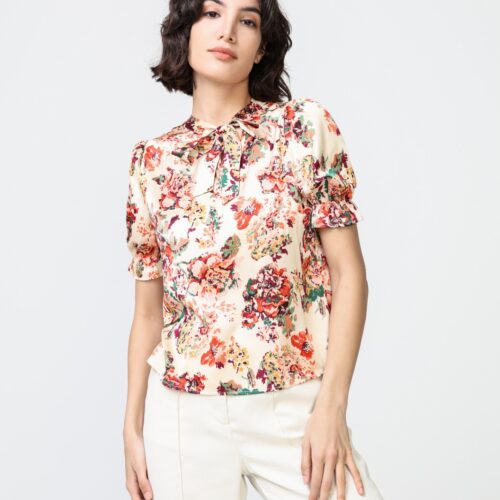Blusa Blanca Lazo Estampado Flores