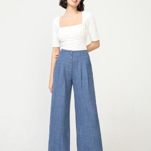 Pantalón Ancho Cierre con Botones Pinzas Bolsillos