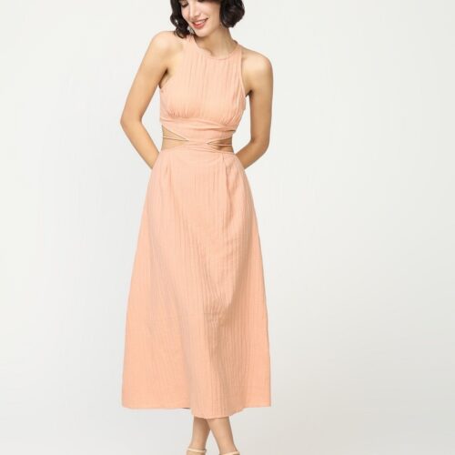 Vestido Midi Salmon  Liso de Tirantes Cintura con Aberturas