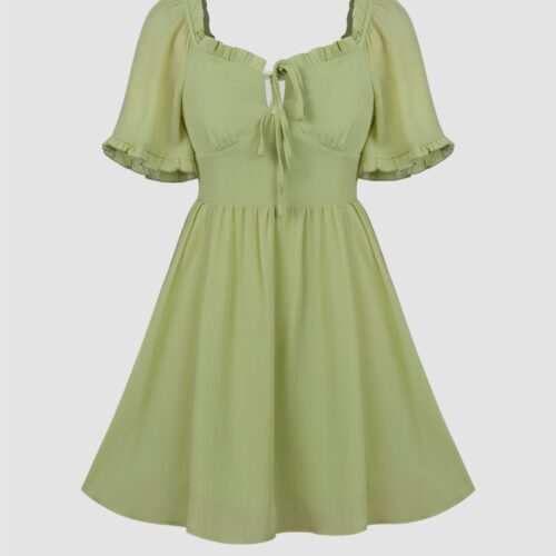 Vestido Corto Liso Verde Manga Corta  Volantes Escote con Tiras Espalda Nido de Abeja