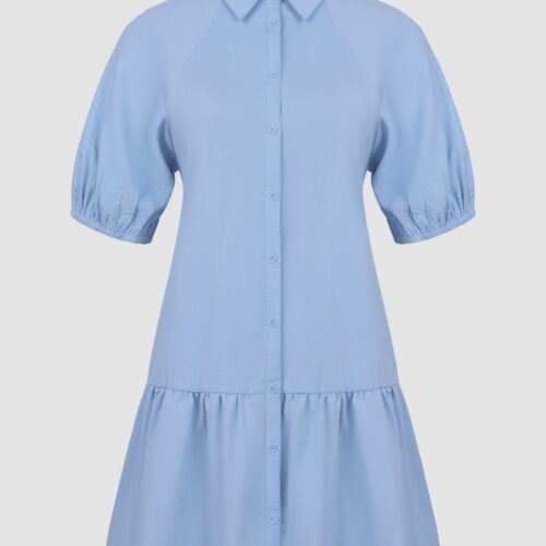 Vestido Corto Liso Camisero Manga Corta Volante