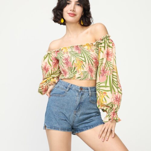 Blusa Estampado Tropical Escote Hombros Manga Larga