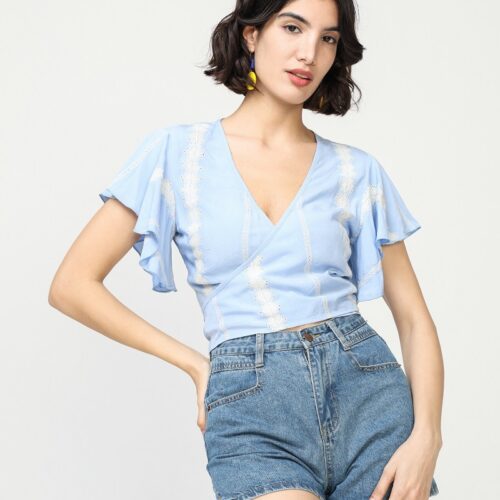 Blusa Azul Cruzada Manga Corta Volantes