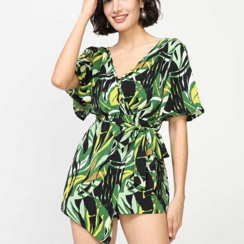 Mono Corto Estampado Tropical Cruzado Manga Corta Volantes Asimétrico