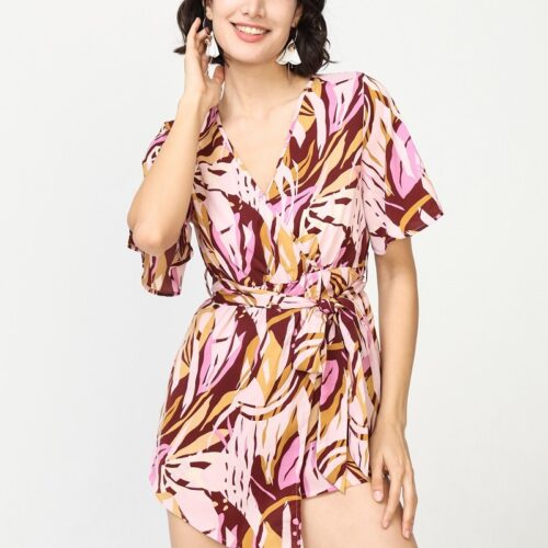 Mono Corto Rosa Estampado Tropical Cruzado Manga Corta Volantes Asimétrico