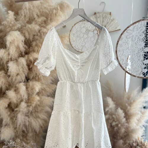 Vestido Blanco Plumeti Bordado Manga Corta