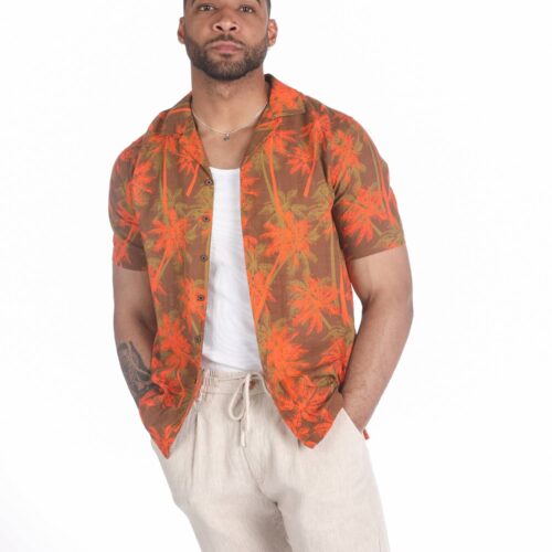 Camisa Hawaiana Naranja Manga Corta  Estampado Palmeras