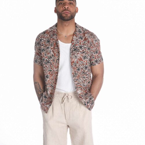 Camisa Hawaiana Marrón Manga Corta  Estampado Palmeras