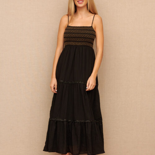 Vestido Largo Negro Tirantes Finos Nido de Abeja