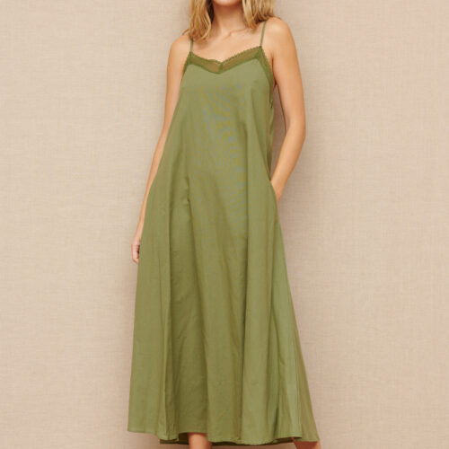 Vestido Lencero Largo Verde Tirantes Finos Bolsillos