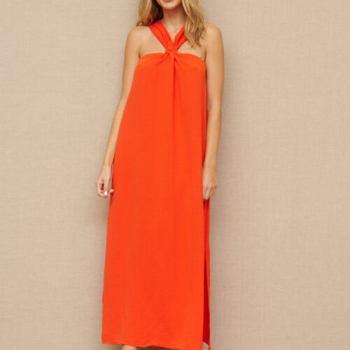 Vestido Largo Naranja Liso Tirantes Aberturas Laterales Bolsillos