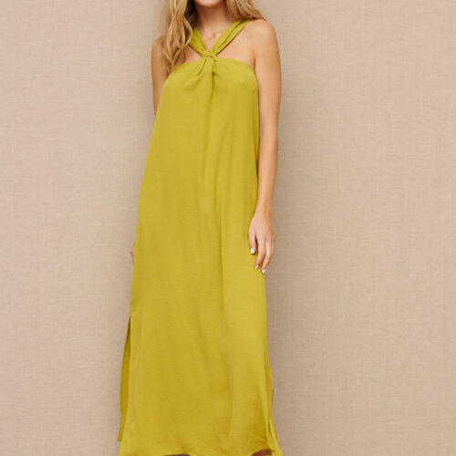 Vestido Largo Liso Lima Tirantes Aberturas Laterales Bolsillos