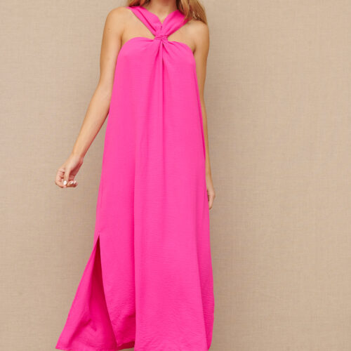 Vestido Largo Fucsia Liso Tirantes Aberturas Laterales Bolsillos