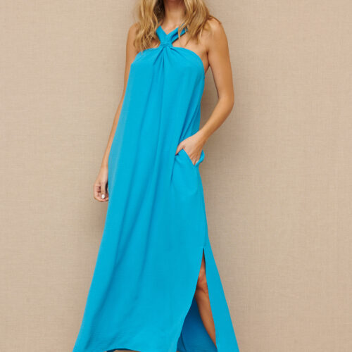 Vestido Largo Azul Liso Tirantes Aberturas Laterales Bolsillos