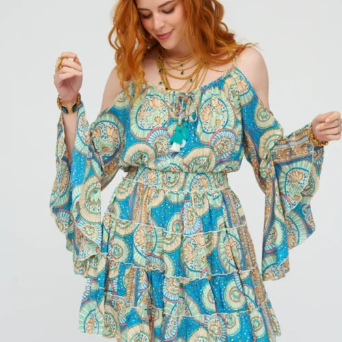 Vestido Corto Estampado Hombro Descubierto Seda Fría