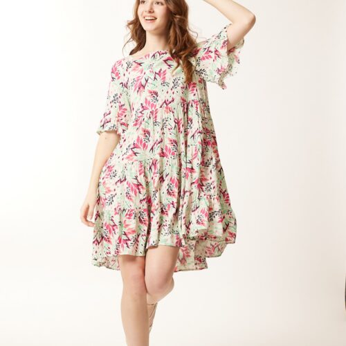 Vestido Corto Verde Estampado  Escote Redondo Manga Corta Volantes