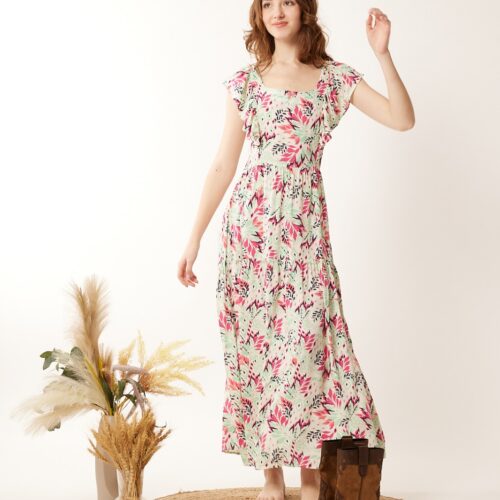 Vestido Largo Verde Estampado Manga Corta con Volantes