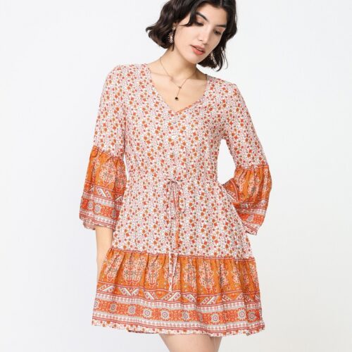 Vestido Corto Estampado Naranja Manga 3/4 Volante Cintura con Tira