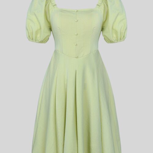 Vestido Corto Liso Manga Corta Elásticos Escote Botones Decorativos