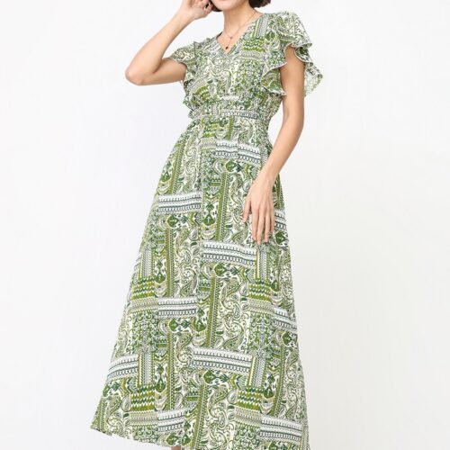Vestido Largo Estampado Escote V Manga Corta Volantes