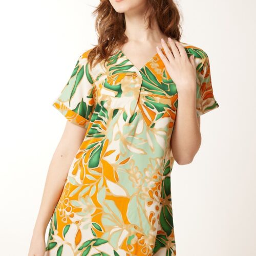Vestido Corto Estampado Naranja Tropical Escote V Manga Corta