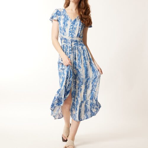 Vestido Largo con Botones  Estampado Azul  Cintura Elástica con Tiras