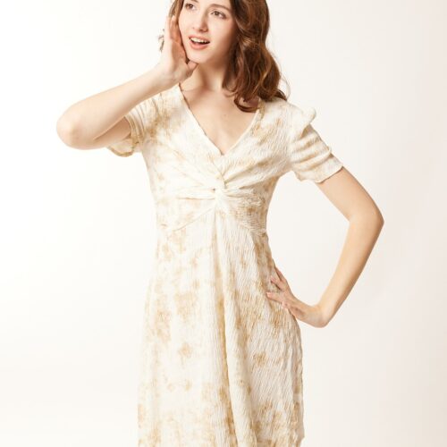 Vestido Corto  Estampado Beige Escote V Nudo Manga Corta
