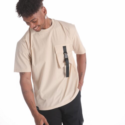 Camiseta Manga Corta Beige Detalle Bolsillo Lateral