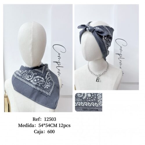 Pañuelo Cuadrado 54x54cm Estampado Paisley Gris Oscuro